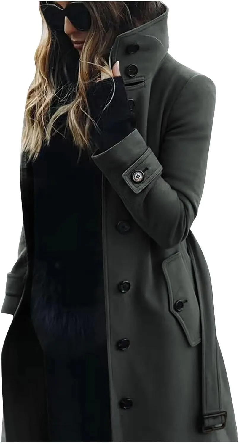 Women Single Breasted Long Trench Coat Windproof Classic Soft Slim Overcoat with Belt Wool Blend Warm Lapel Pea Coat