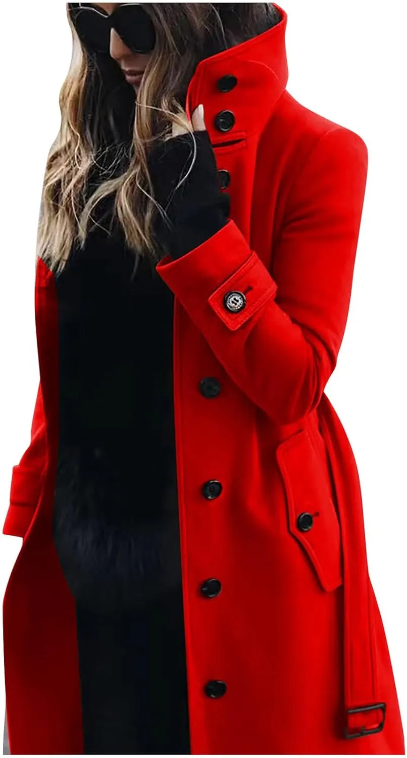 Women Single Breasted Long Trench Coat Windproof Classic Soft Slim Overcoat with Belt Wool Blend Warm Lapel Pea Coat