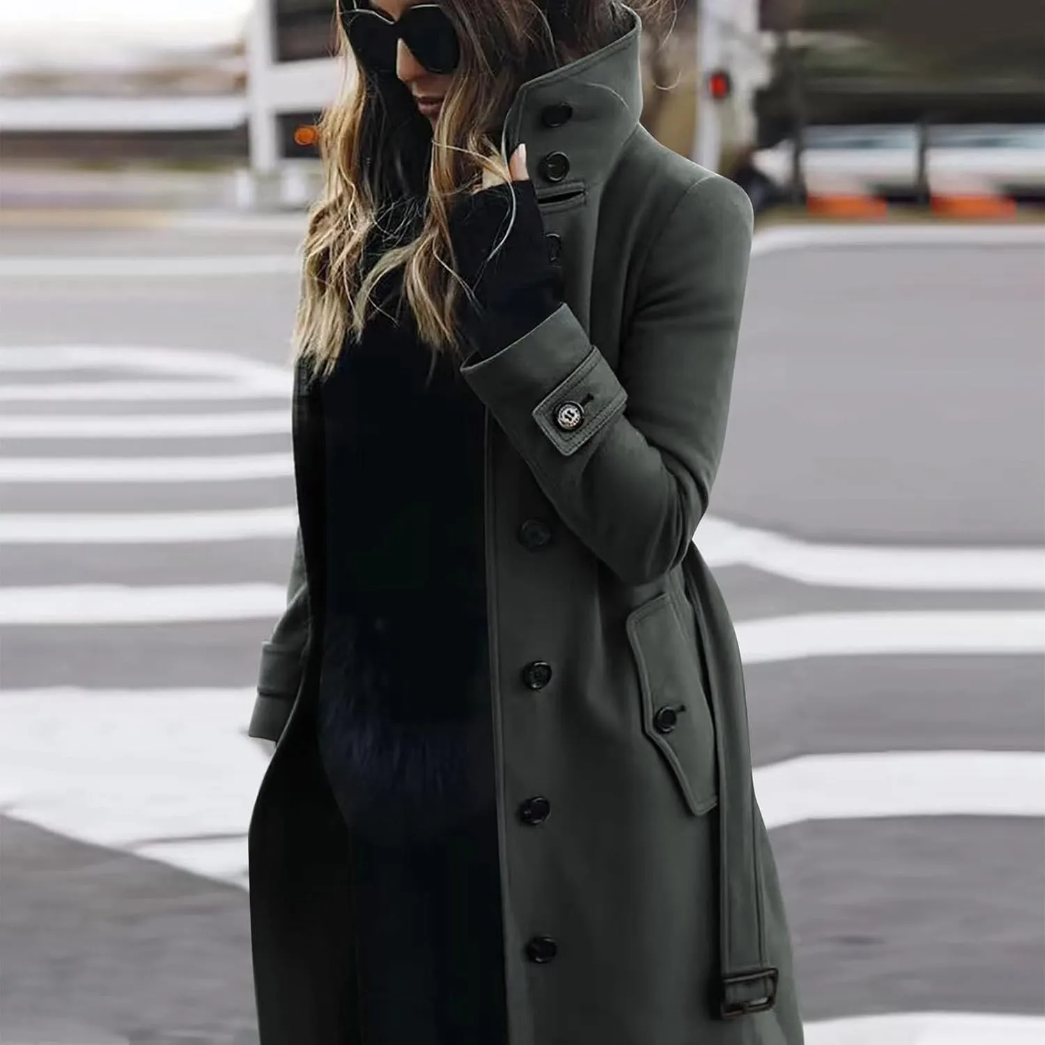 Women Single Breasted Long Trench Coat Windproof Classic Soft Slim Overcoat with Belt Wool Blend Warm Lapel Pea Coat