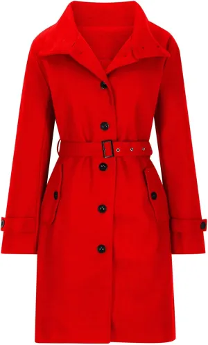 Women Single Breasted Long Trench Coat Windproof Classic Soft Slim Overcoat with Belt Wool Blend Warm Lapel Pea Coat