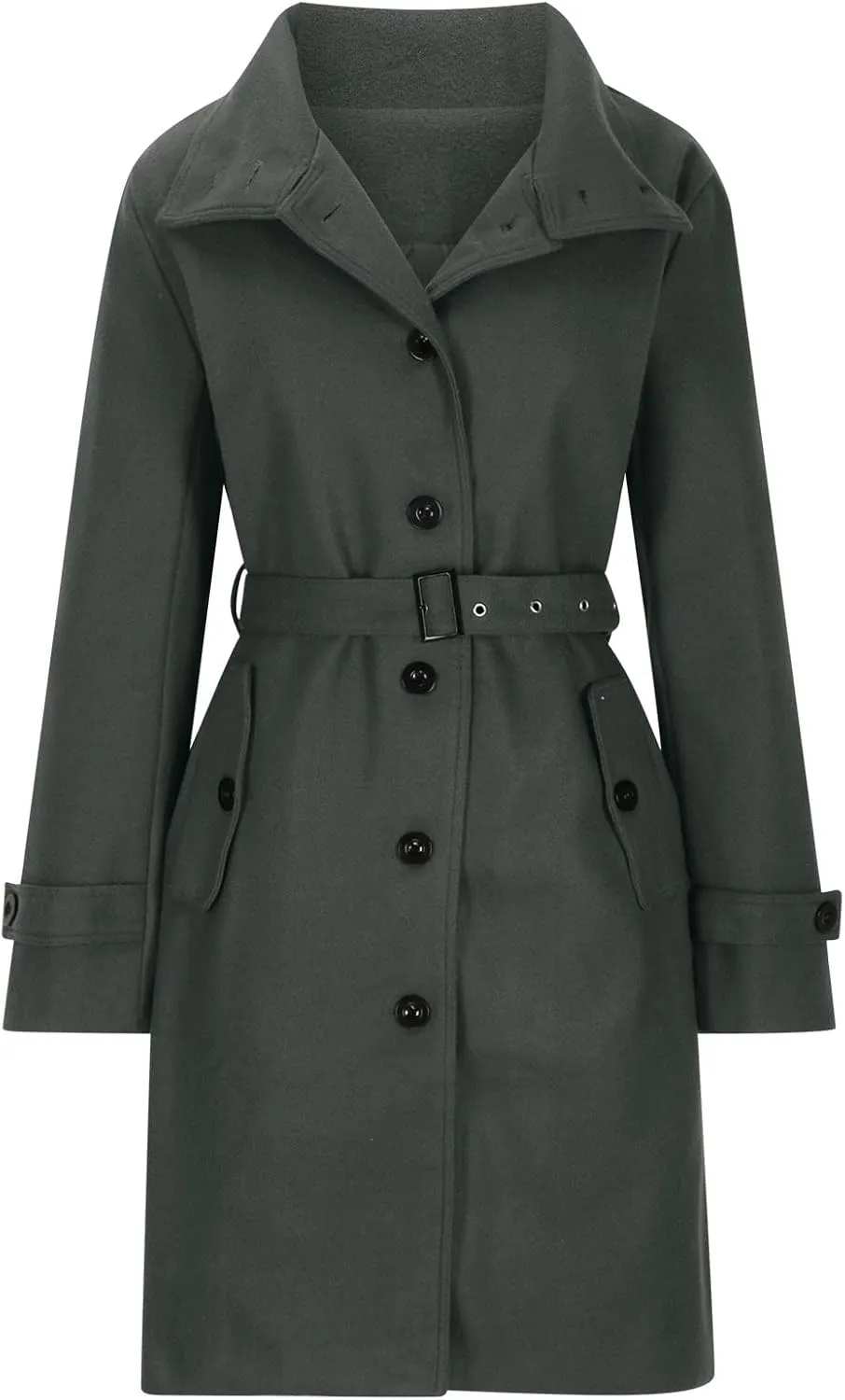 Women Single Breasted Long Trench Coat Windproof Classic Soft Slim Overcoat with Belt Wool Blend Warm Lapel Pea Coat