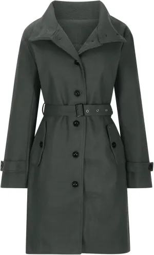 Women Single Breasted Long Trench Coat Windproof Classic Soft Slim Overcoat with Belt Wool Blend Warm Lapel Pea Coat