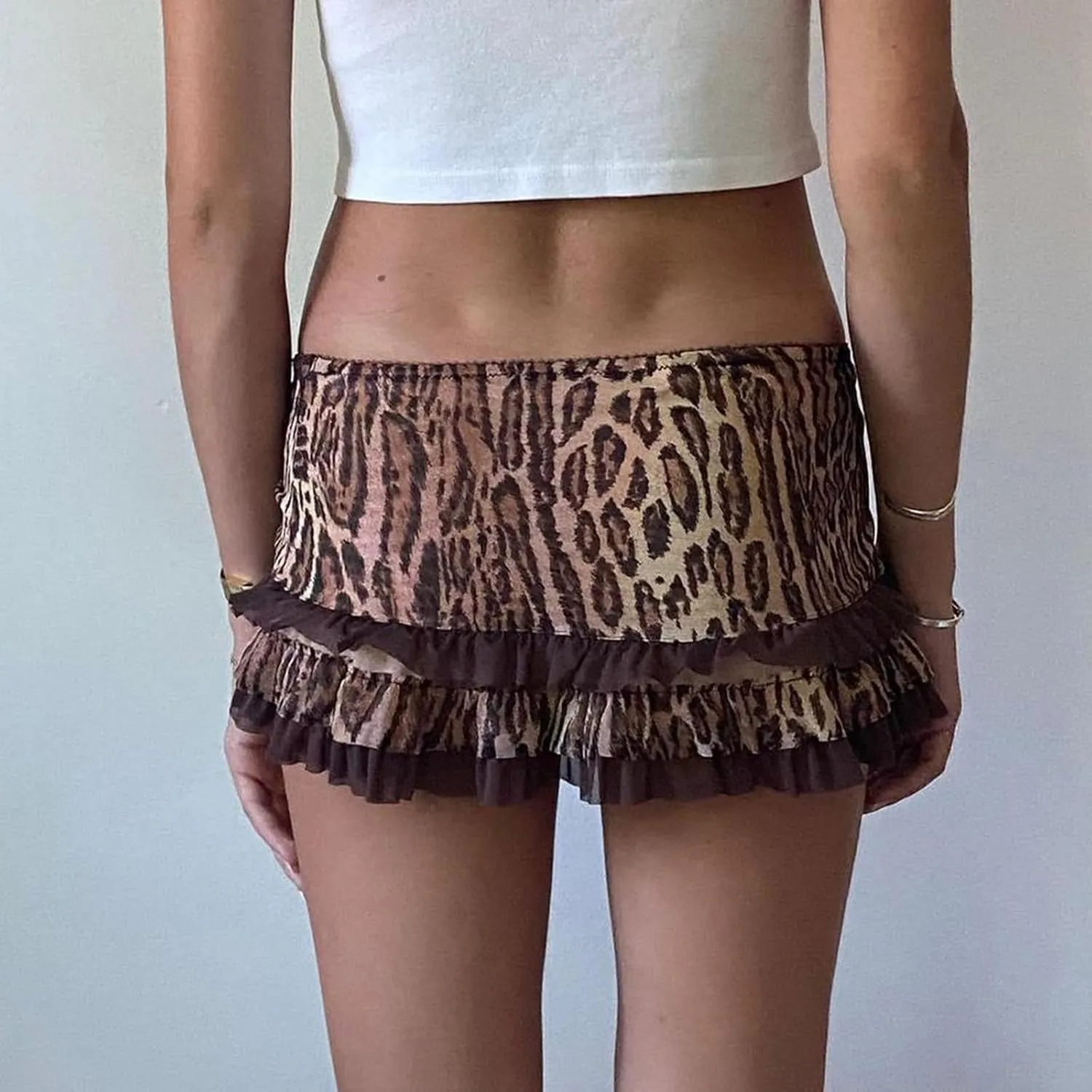 Women Y2k Lace Mini Skirt Low Rise Leopard Print Half Slip Skirt Flowy Pleated Ruffle Mesh Short Skirt Underskirt
