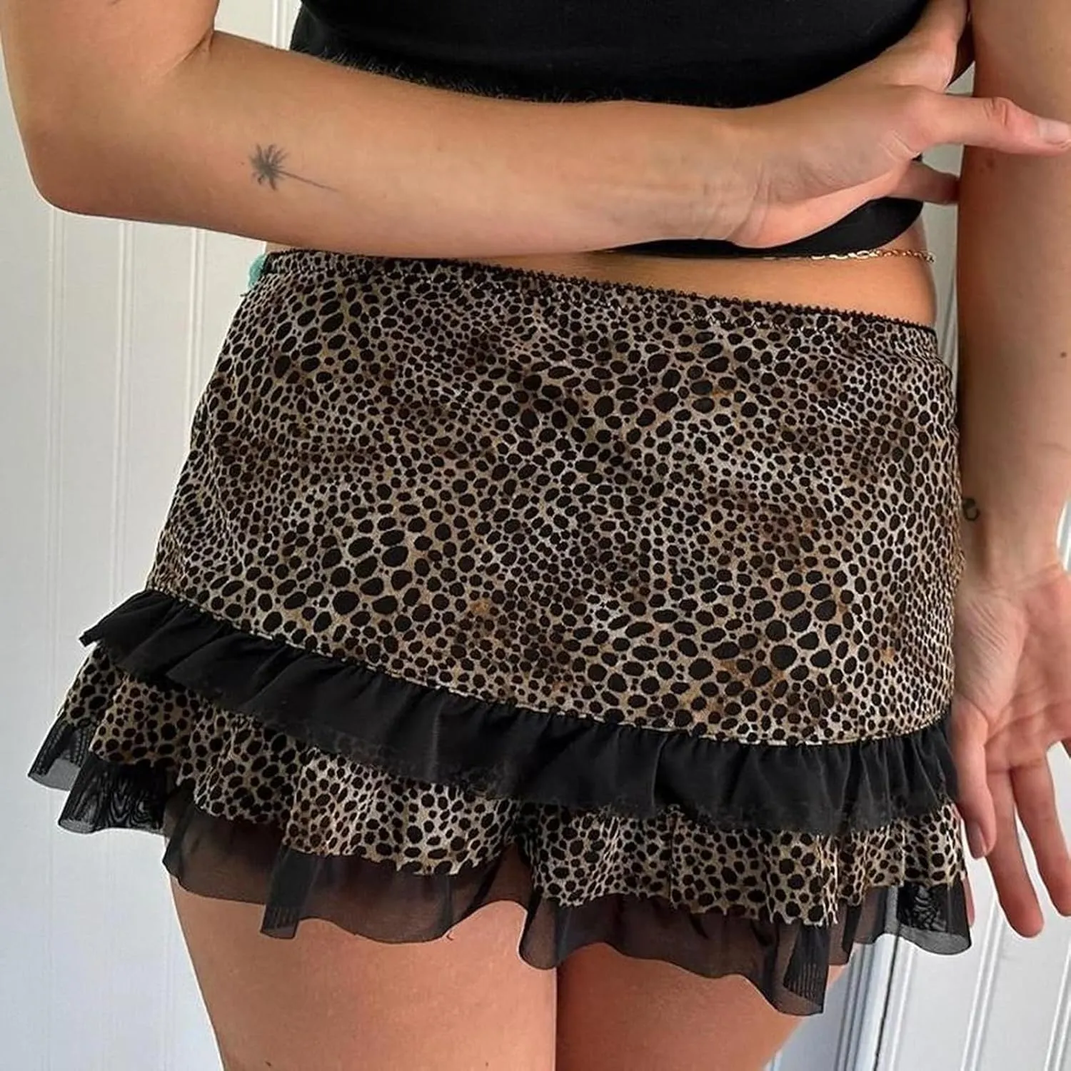 Women Y2k Lace Mini Skirt Low Rise Leopard Print Half Slip Skirt Flowy Pleated Ruffle Mesh Short Skirt Underskirt