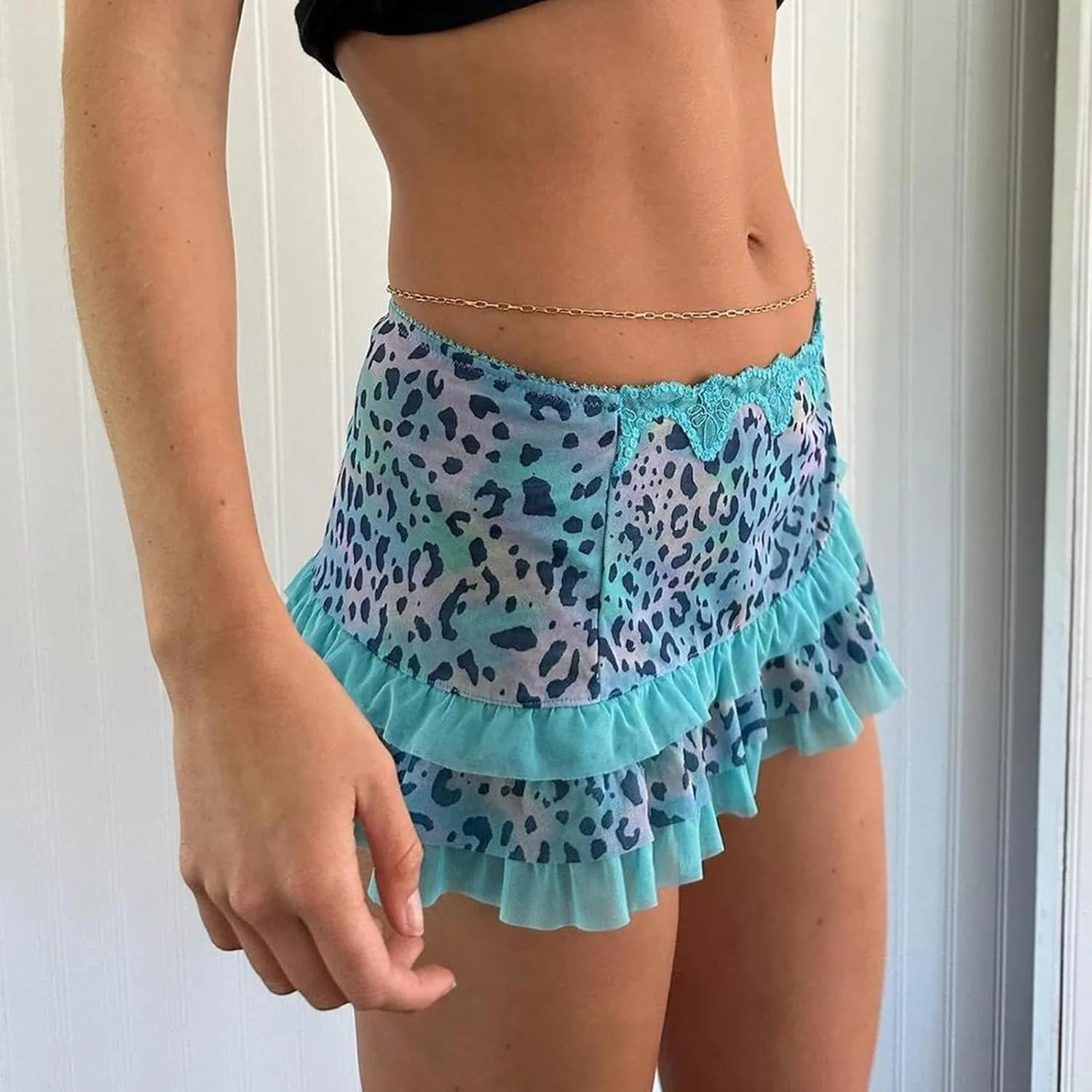 Women Y2k Lace Mini Skirt Low Rise Leopard Print Half Slip Skirt Flowy Pleated Ruffle Mesh Short Skirt Underskirt