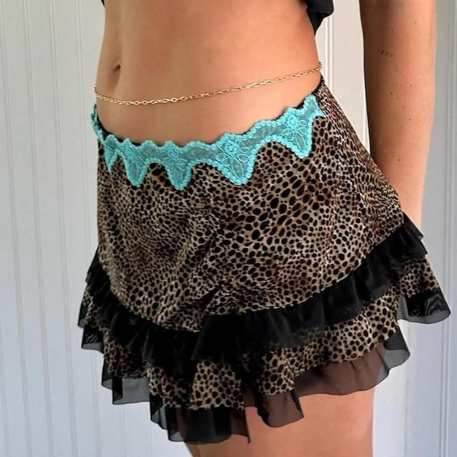 Women Y2k Lace Mini Skirt Low Rise Leopard Print Half Slip Skirt Flowy Pleated Ruffle Mesh Short Skirt Underskirt