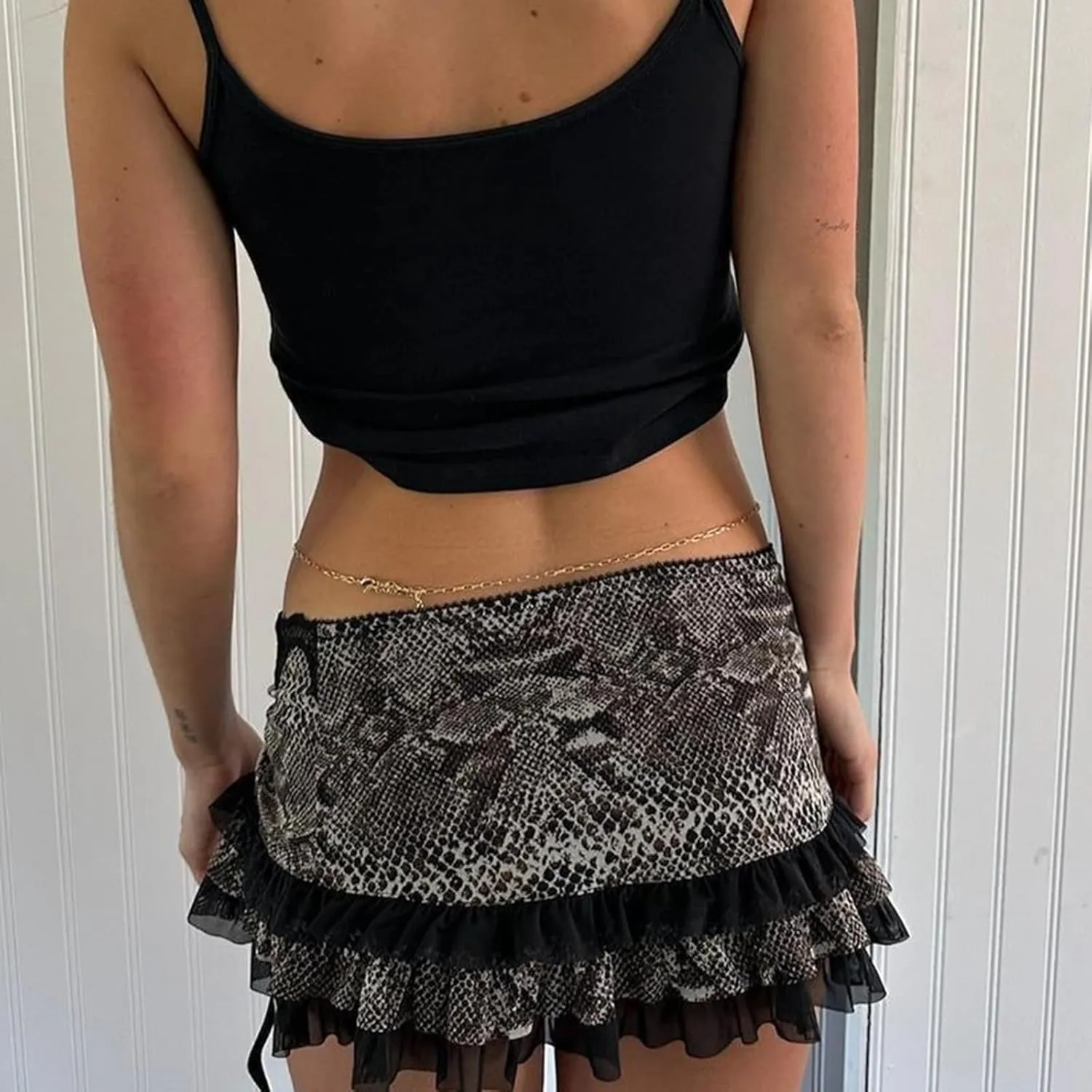 Women Y2k Lace Mini Skirt Low Rise Leopard Print Half Slip Skirt Flowy Pleated Ruffle Mesh Short Skirt Underskirt