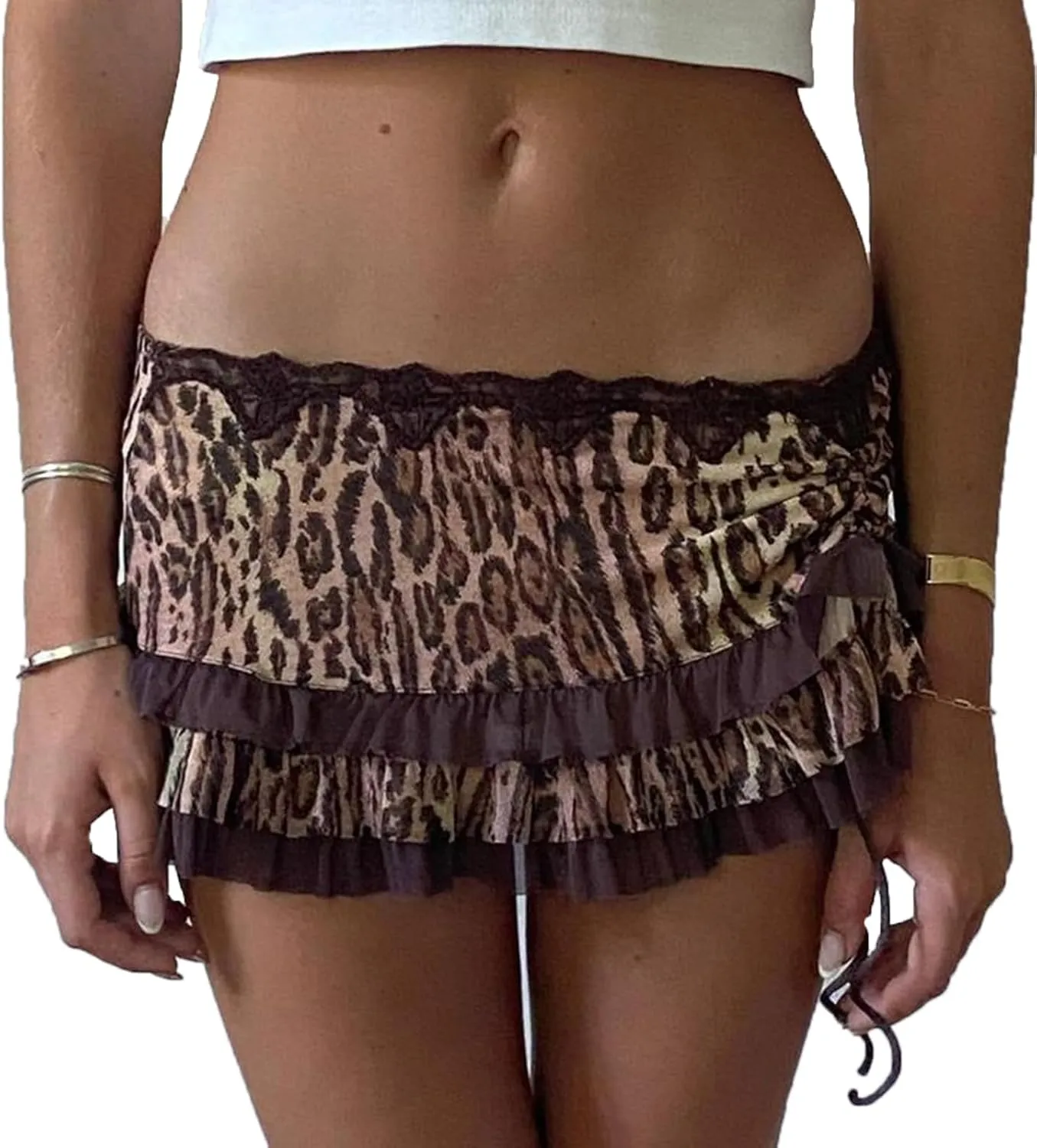 Women Y2k Lace Mini Skirt Low Rise Leopard Print Half Slip Skirt Flowy Pleated Ruffle Mesh Short Skirt Underskirt