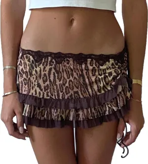 Women Y2k Lace Mini Skirt Low Rise Leopard Print Half Slip Skirt Flowy Pleated Ruffle Mesh Short Skirt Underskirt