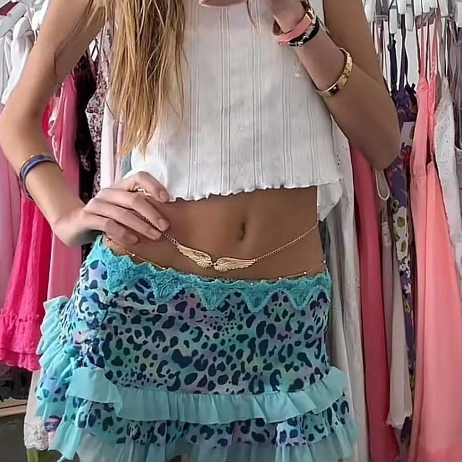 Women Y2k Lace Mini Skirt Low Rise Leopard Print Half Slip Skirt Flowy Pleated Ruffle Mesh Short Skirt Underskirt