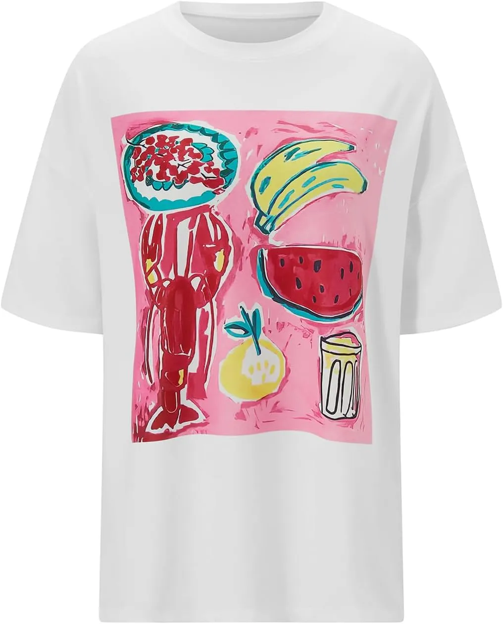 Women Y2k Oversized Graphic Tees Fruit Print Short Sleeve Baggy Tee Shirt 90s Floral Aesthetic Coastal Summer Top