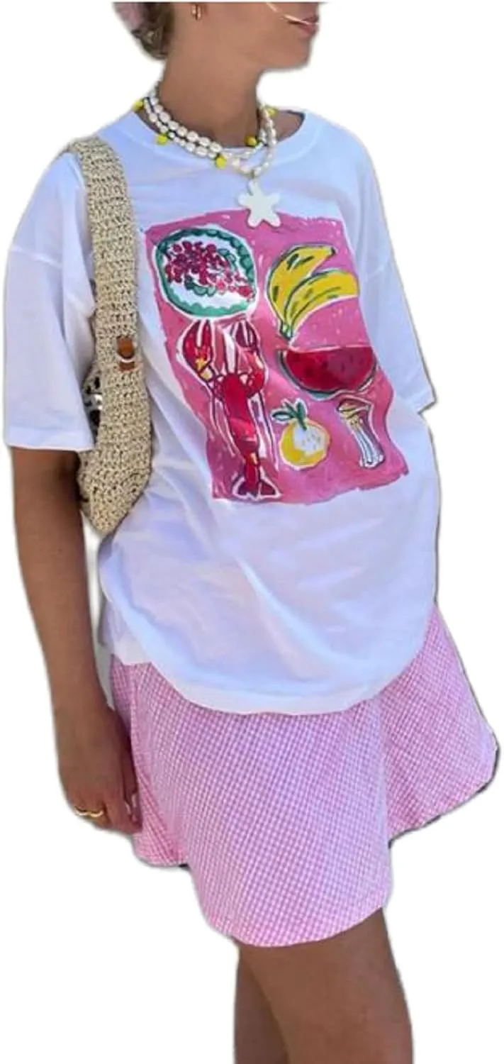 Women Y2k Oversized Graphic Tees Fruit Print Short Sleeve Baggy Tee Shirt 90s Floral Aesthetic Coastal Summer Top