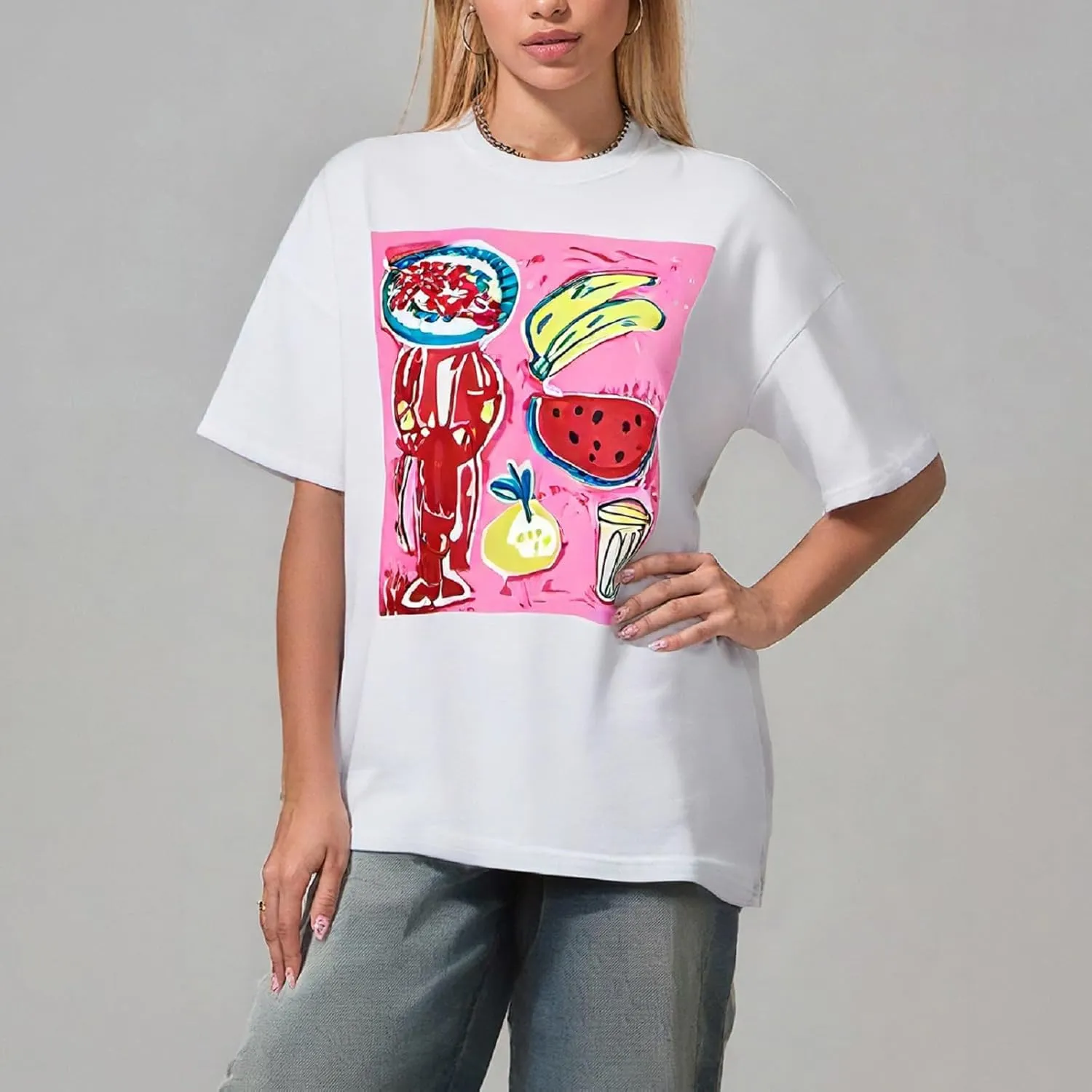 Women Y2k Oversized Graphic Tees Fruit Print Short Sleeve Baggy Tee Shirt 90s Floral Aesthetic Coastal Summer Top