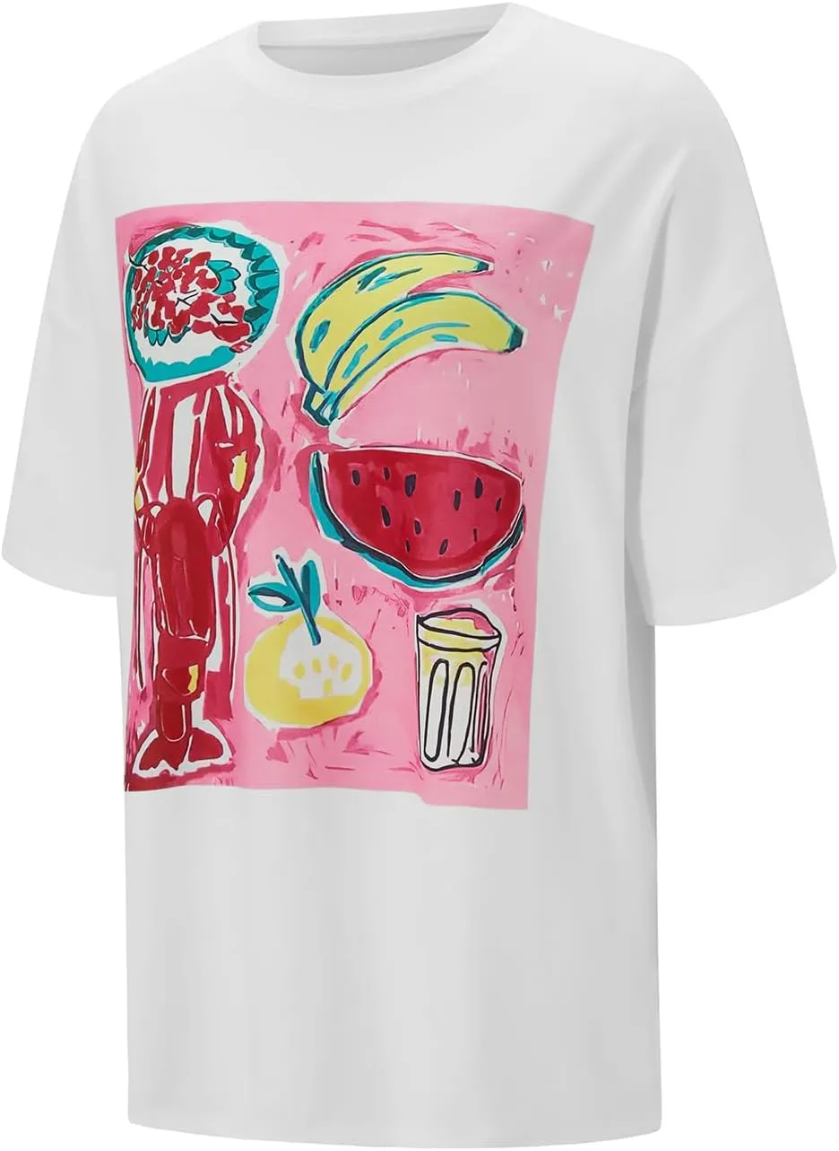 Women Y2k Oversized Graphic Tees Fruit Print Short Sleeve Baggy Tee Shirt 90s Floral Aesthetic Coastal Summer Top