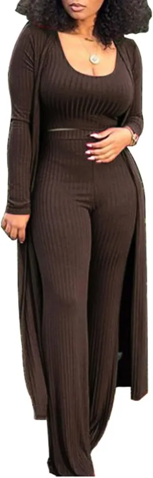 Womens 3 Piece Outfits Open Front Cardigan Cover Up Crop Tank Tops Wide Leg Palazzo Pants Loungewear Set