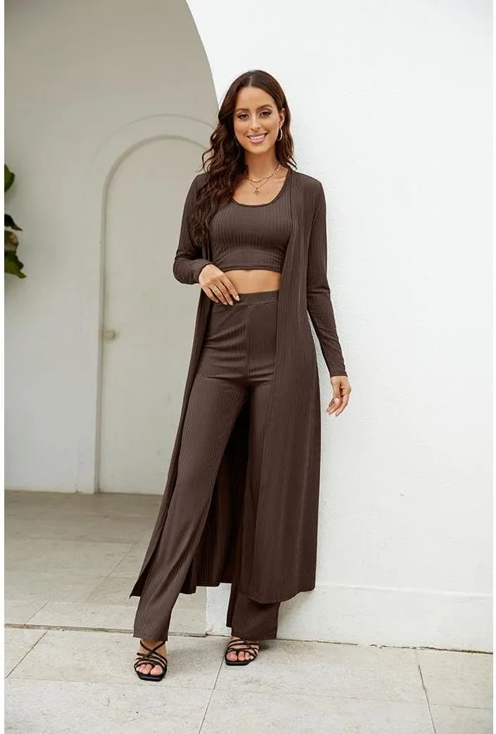 Womens 3 Piece Outfits Open Front Cardigan Cover Up Crop Tank Tops Wide Leg Palazzo Pants Loungewear Set