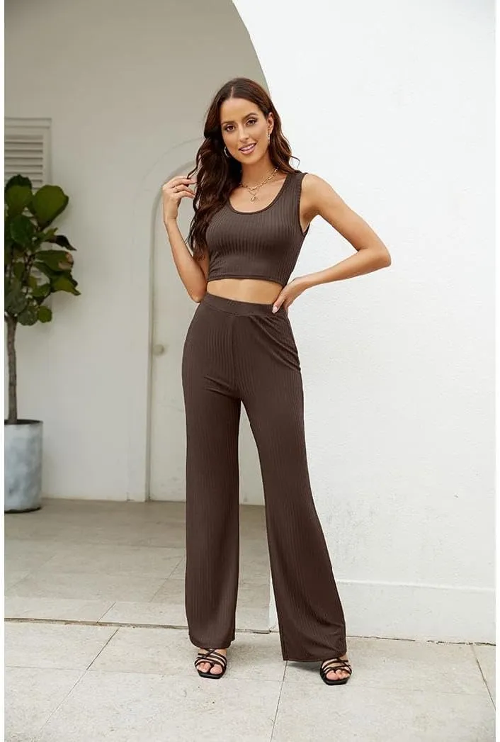 Womens 3 Piece Outfits Open Front Cardigan Cover Up Crop Tank Tops Wide Leg Palazzo Pants Loungewear Set