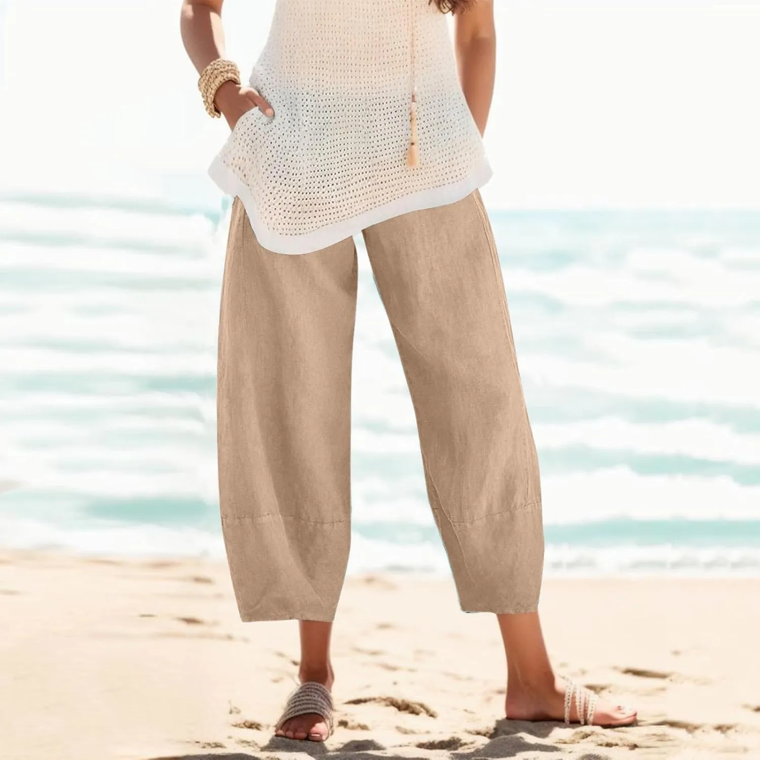 Womens Capri Pants Summer Baggy Comfy Fit Wide Leg Slacks Casual Cropped Palazzo Pants Trendy Cotton Linen Trousers