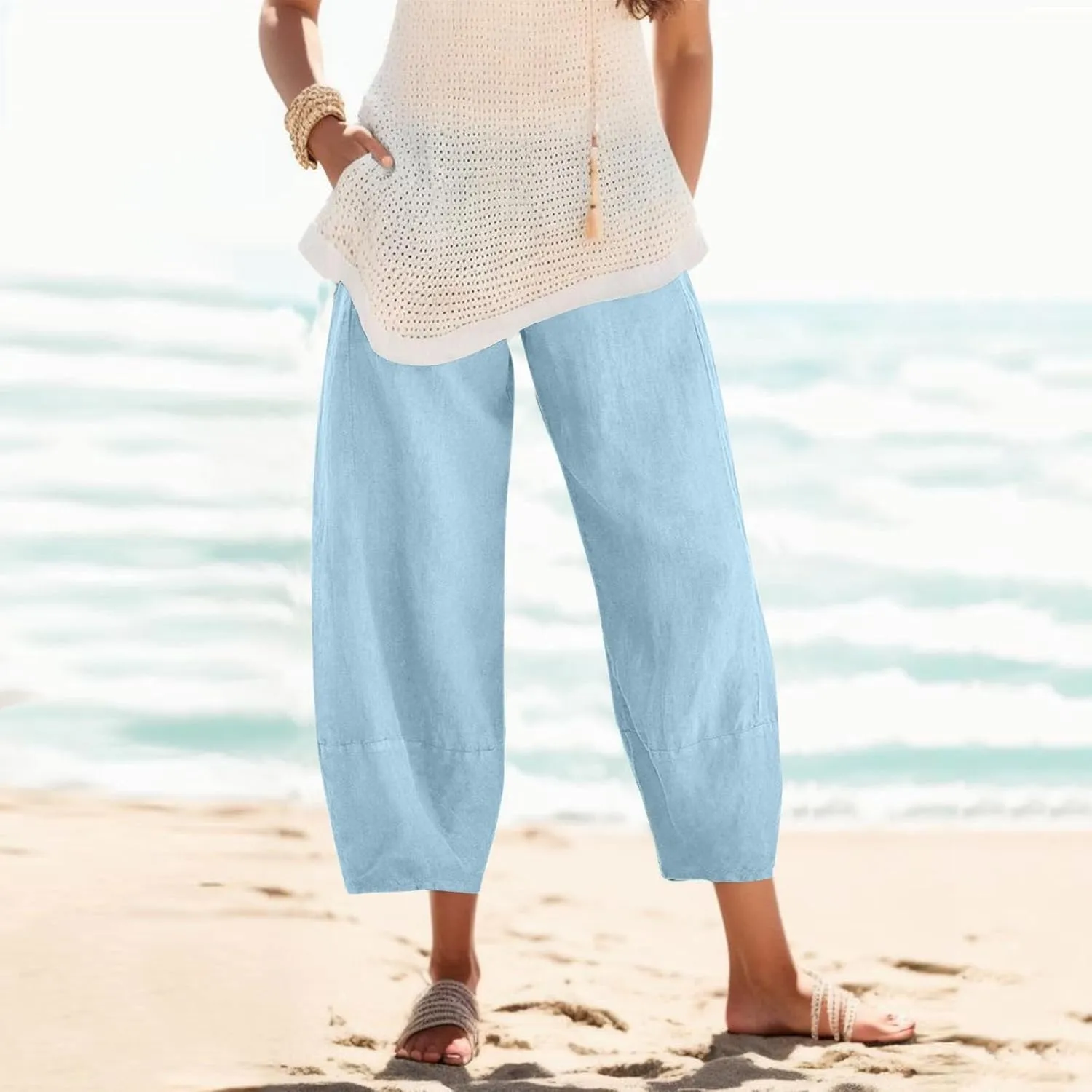 Womens Capri Pants Summer Baggy Comfy Fit Wide Leg Slacks Casual Cropped Palazzo Pants Trendy Cotton Linen Trousers