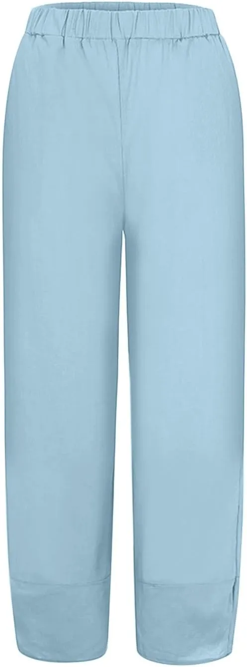 Womens Capri Pants Summer Baggy Comfy Fit Wide Leg Slacks Casual Cropped Palazzo Pants Trendy Cotton Linen Trousers