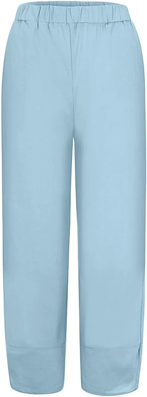 Womens Capri Pants Summer Baggy Comfy Fit Wide Leg Slacks Casual Cropped Palazzo Pants Trendy Cotton Linen Trousers
