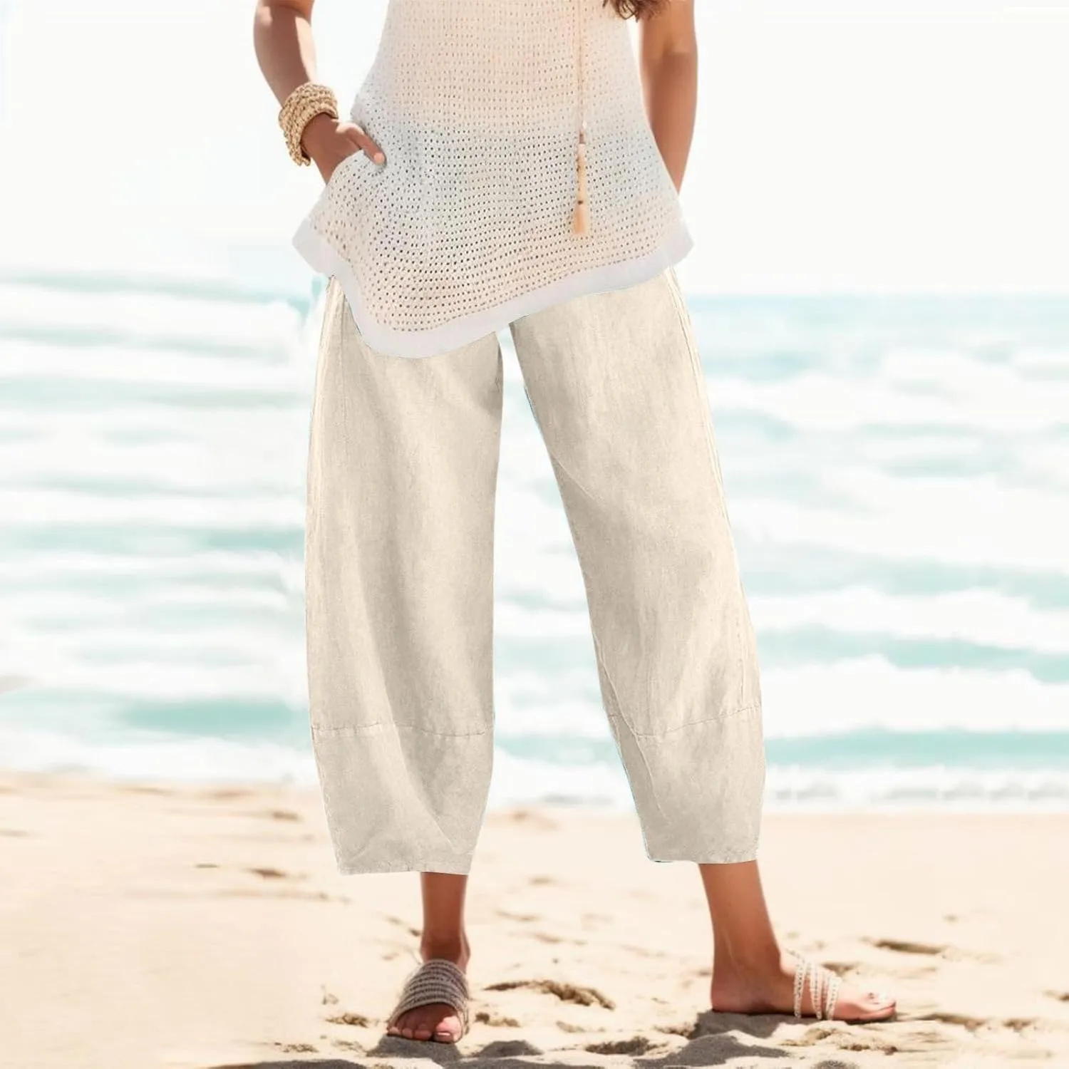 Womens Capri Pants Summer Baggy Comfy Fit Wide Leg Slacks Casual Cropped Palazzo Pants Trendy Cotton Linen Trousers