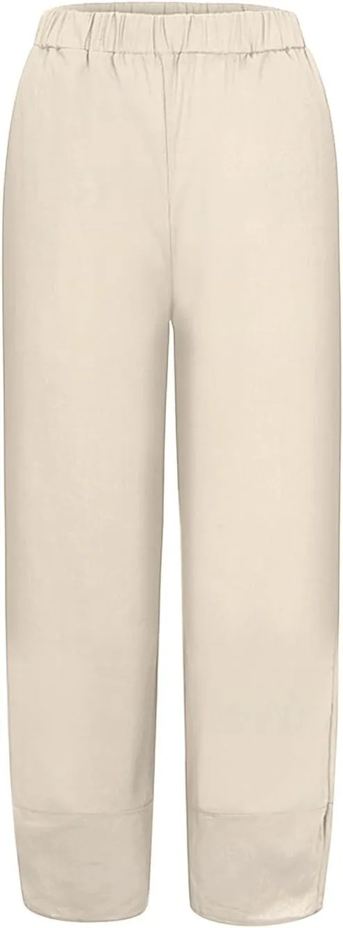 Womens Capri Pants Summer Baggy Comfy Fit Wide Leg Slacks Casual Cropped Palazzo Pants Trendy Cotton Linen Trousers