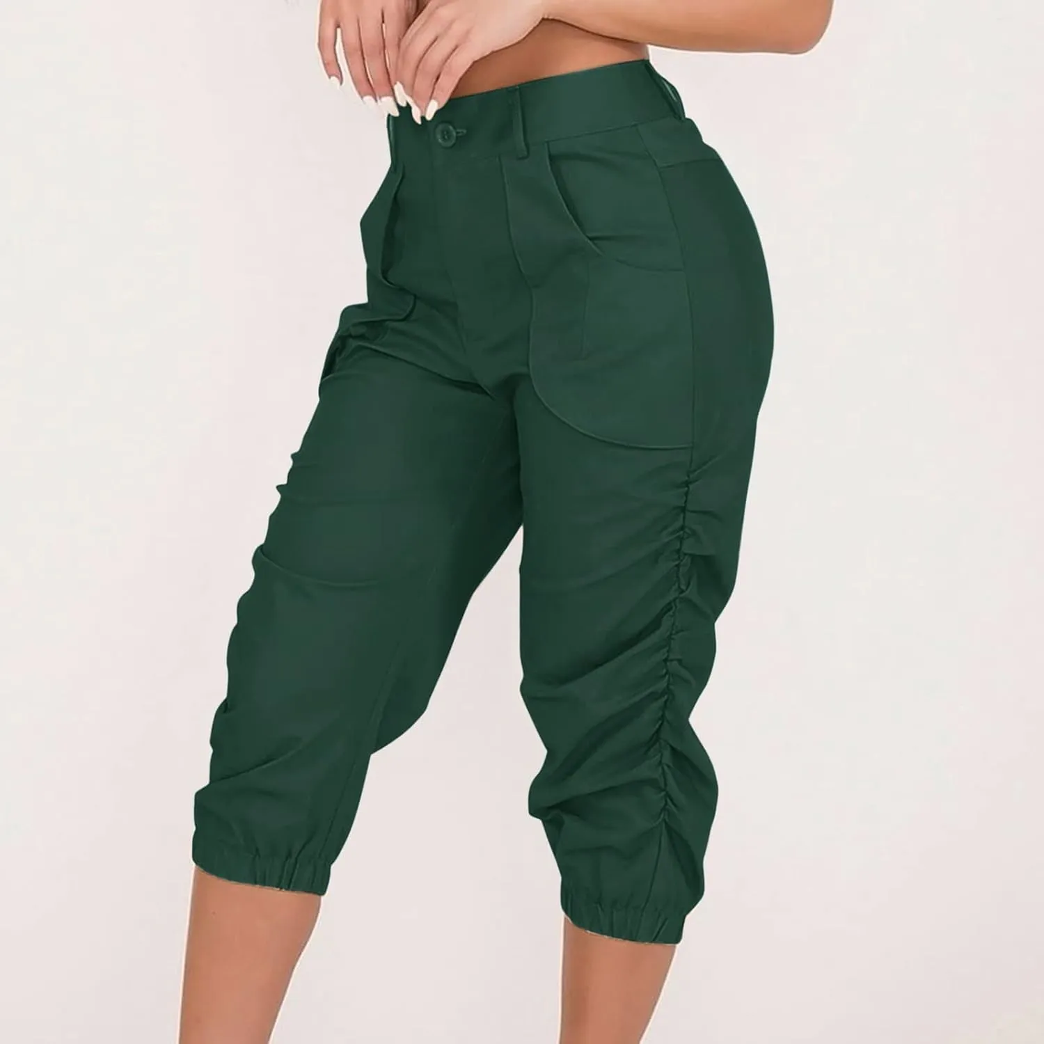 Womens Casual Pants High Waist Front Button Pleated Binded Feet Capri Trousers Summer Hiking Cargo Pants with Pockets