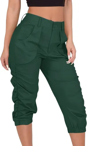 Womens Casual Pants High Waist Front Button Pleated Binded Feet Capri Trousers Summer Hiking Cargo Pants with Pockets