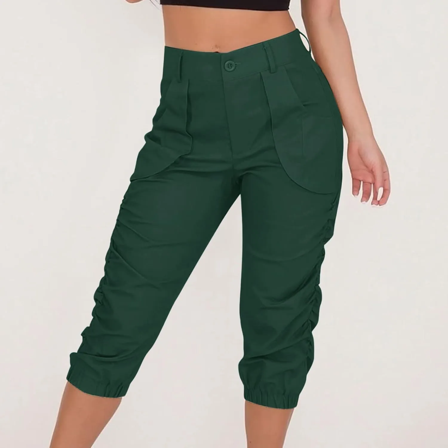 Womens Casual Pants High Waist Front Button Pleated Binded Feet Capri Trousers Summer Hiking Cargo Pants with Pockets
