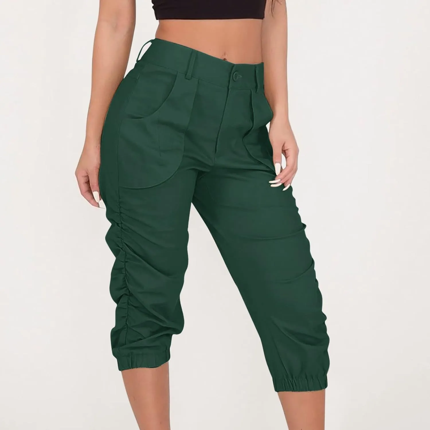 Womens Casual Pants High Waist Front Button Pleated Binded Feet Capri Trousers Summer Hiking Cargo Pants with Pockets