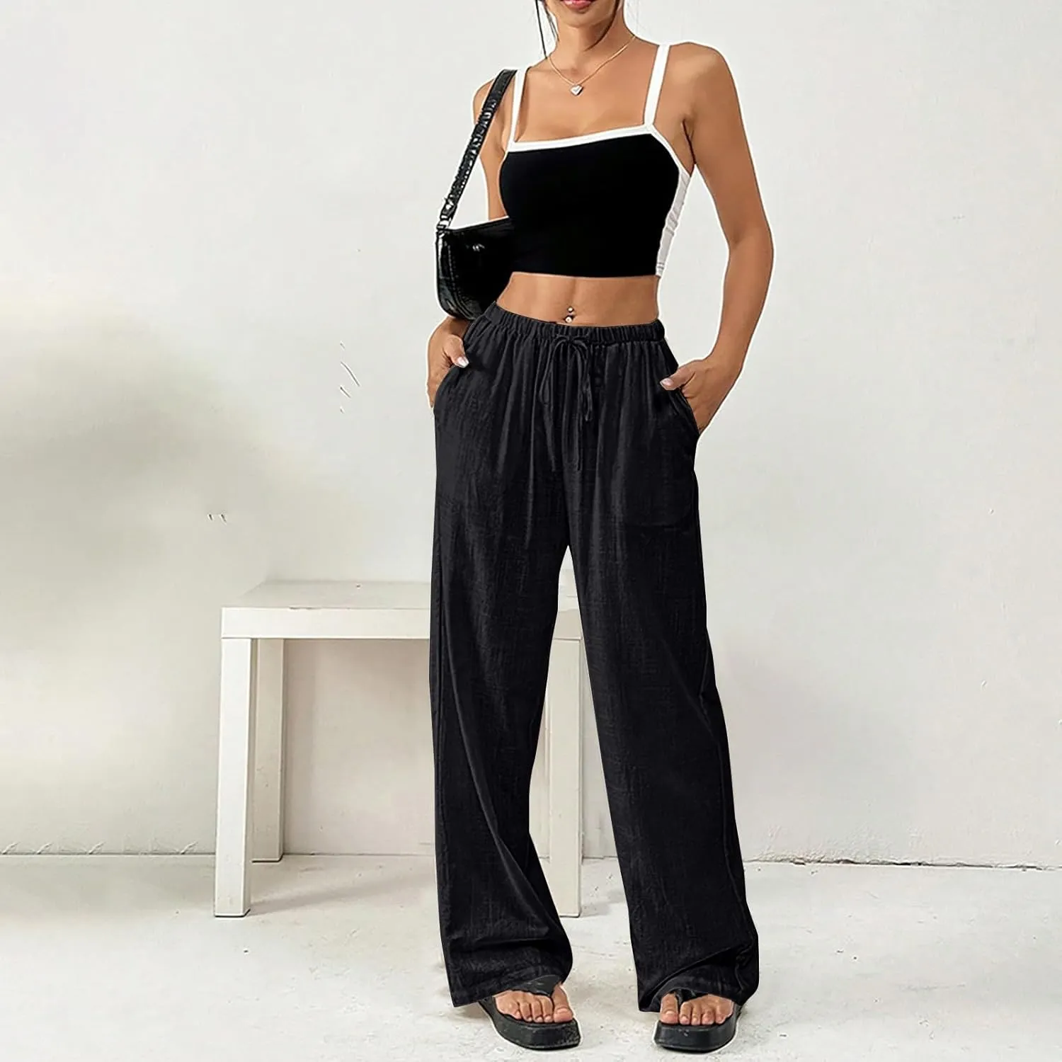 Women's Cotton Linen Straight Leg Pants Elastic Drawstring Lightweight Trousers with Pockets Summer Beach Lounge Pant