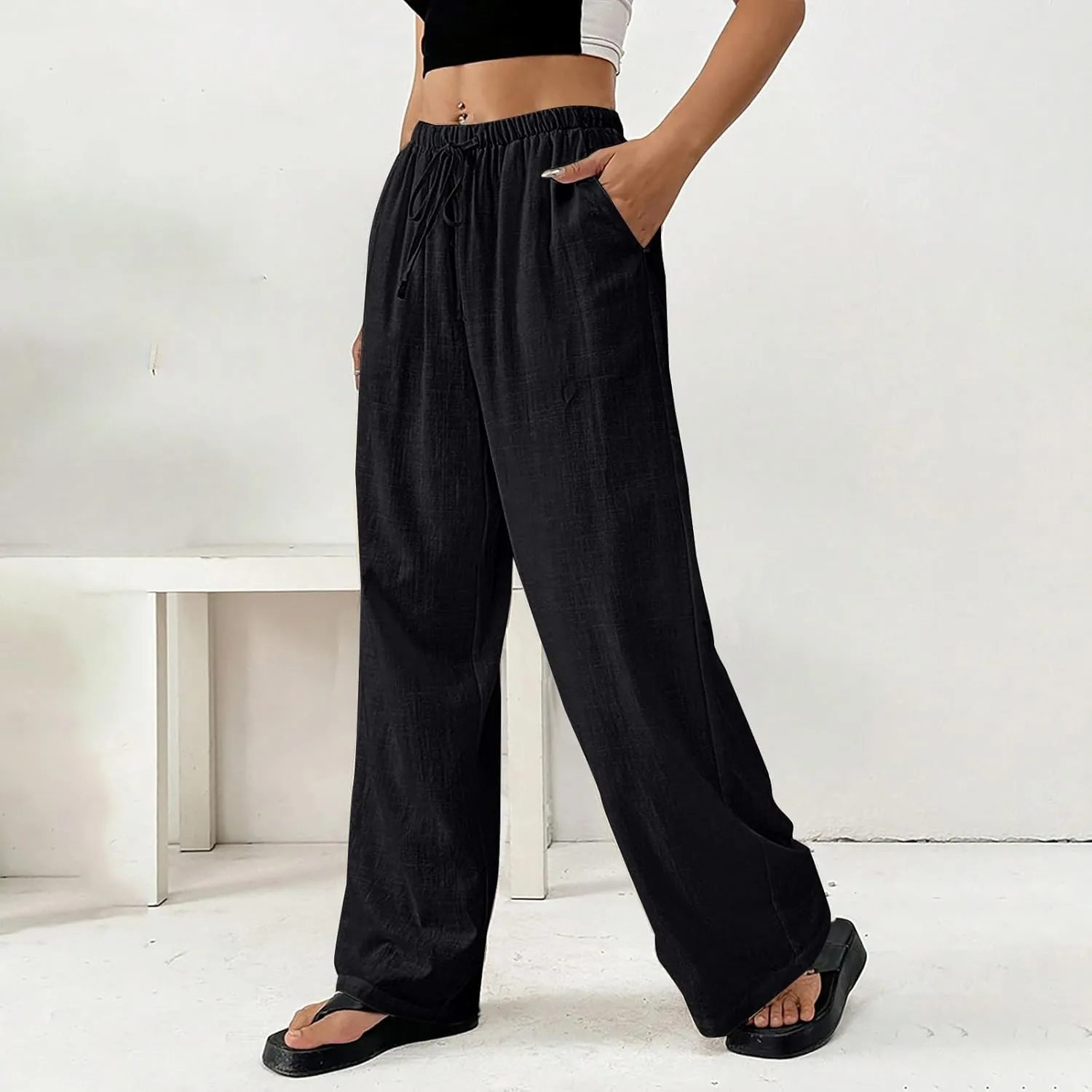 Women's Cotton Linen Straight Leg Pants Elastic Drawstring Lightweight Trousers with Pockets Summer Beach Lounge Pant