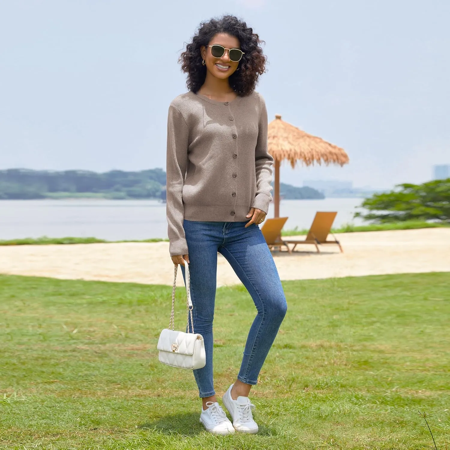 Women's Crew Neck Cardigan Button Down Long Sleeve Soft Knit Sweater Top Outwear Coat