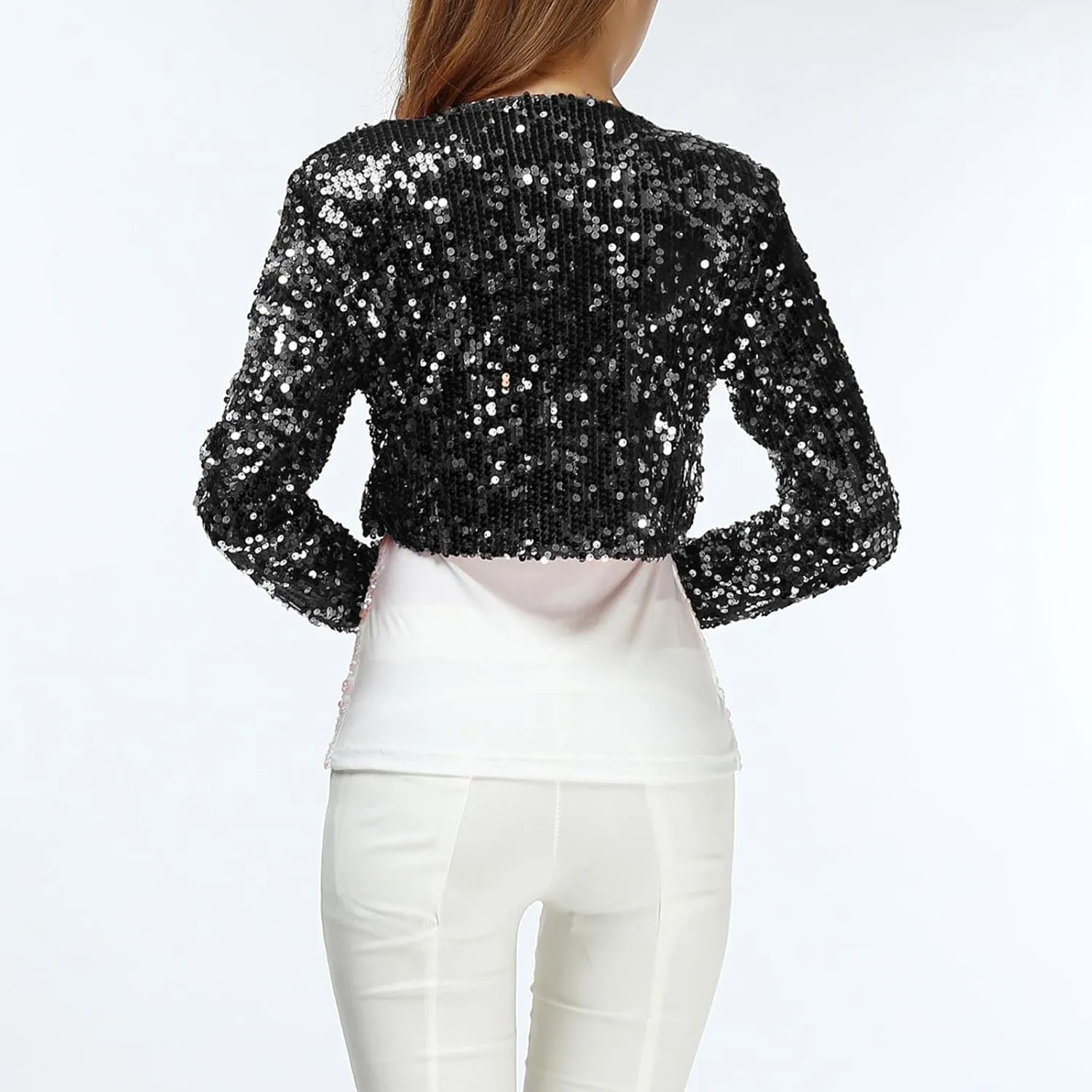 Women's Crop Cardigan Jackets Fashion Sparkly Sequins Clubwear Shawl Coat Long Sleeves Front Open Short Blouse Tops