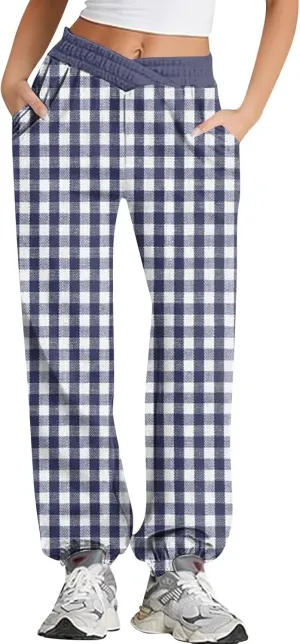 Womens Crossover Sweatpants Plaid Print Casual Baggy Long Flare Jogger Sweats Pants Lightweight Joggers Plus Size