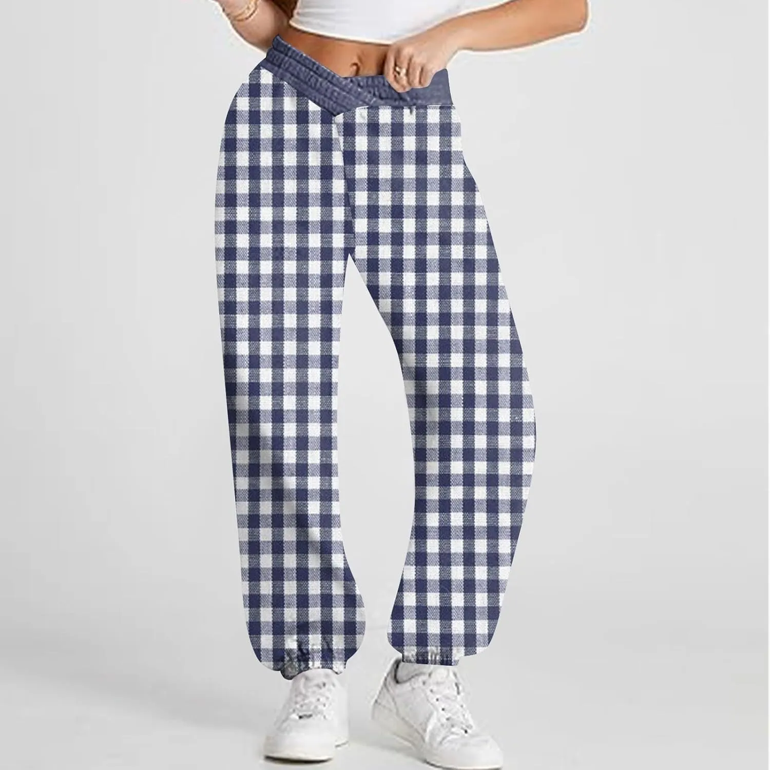 Womens Crossover Sweatpants Plaid Print Casual Baggy Long Flare Jogger Sweats Pants Lightweight Joggers Plus Size