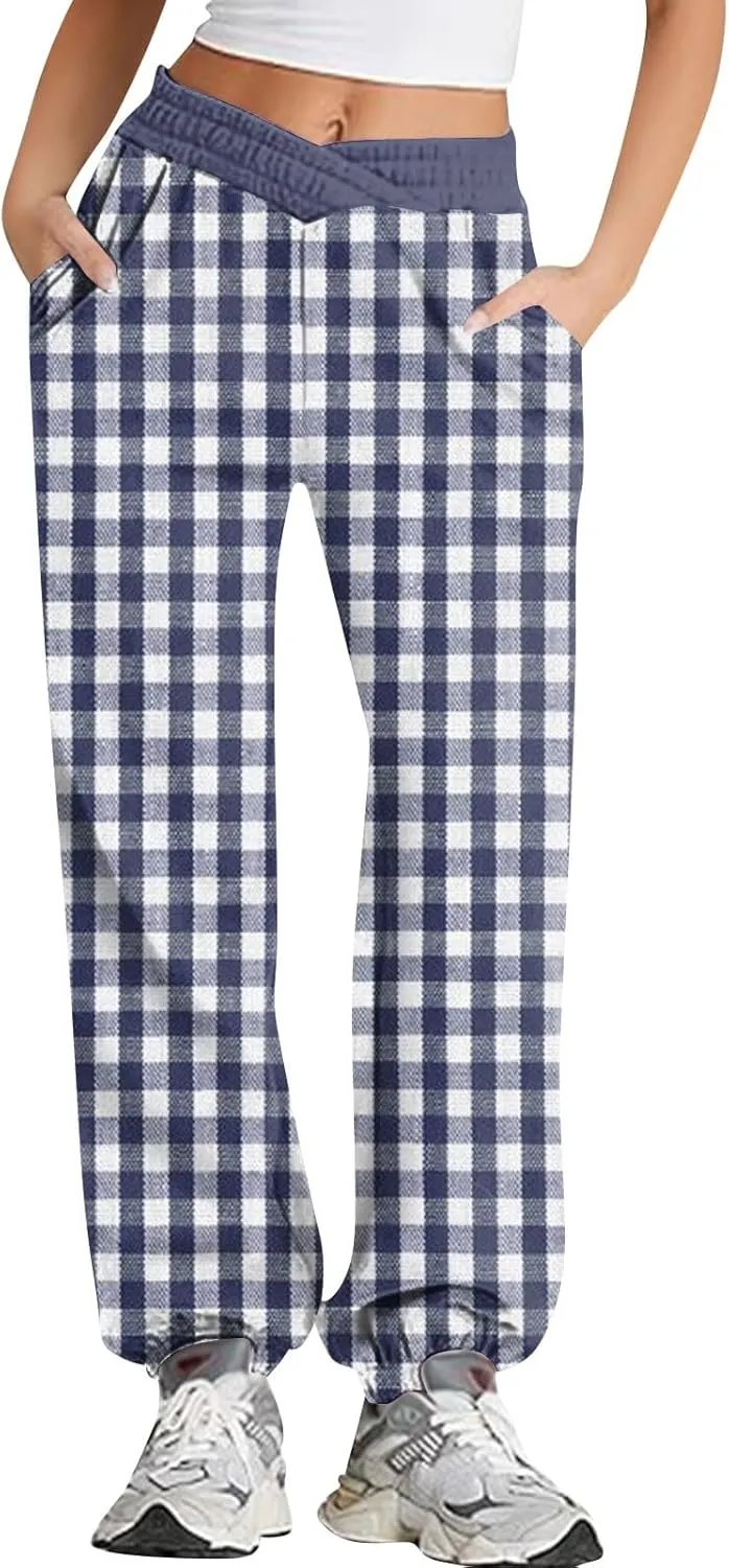 Womens Crossover Sweatpants Plaid Print Casual Baggy Long Flare Jogger Sweats Pants Lightweight Joggers Plus Size