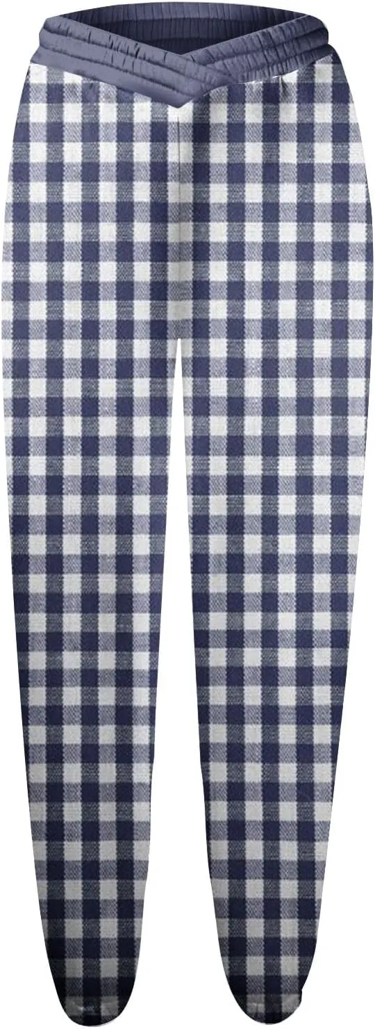 Womens Crossover Sweatpants Plaid Print Casual Baggy Long Flare Jogger Sweats Pants Lightweight Joggers Plus Size