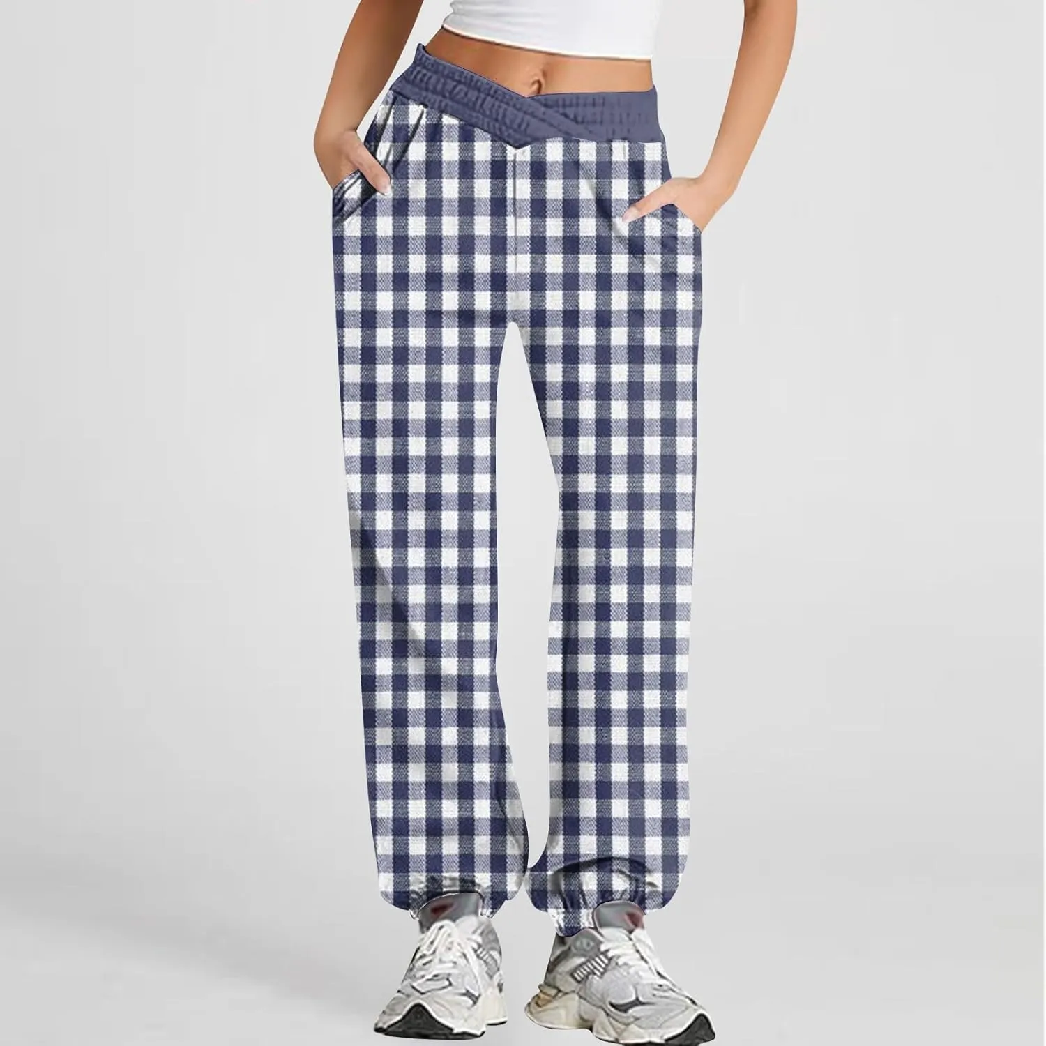 Womens Crossover Sweatpants Plaid Print Casual Baggy Long Flare Jogger Sweats Pants Lightweight Joggers Plus Size
