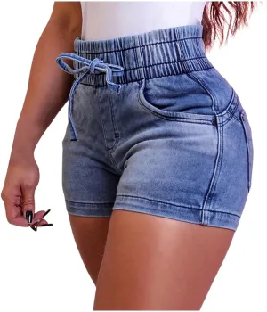 Women's Denim Shorts Summer Casual High Elastic Waist Drawstring Stretchy Trendy Summer Baggy Teen Girls Jean Shorts