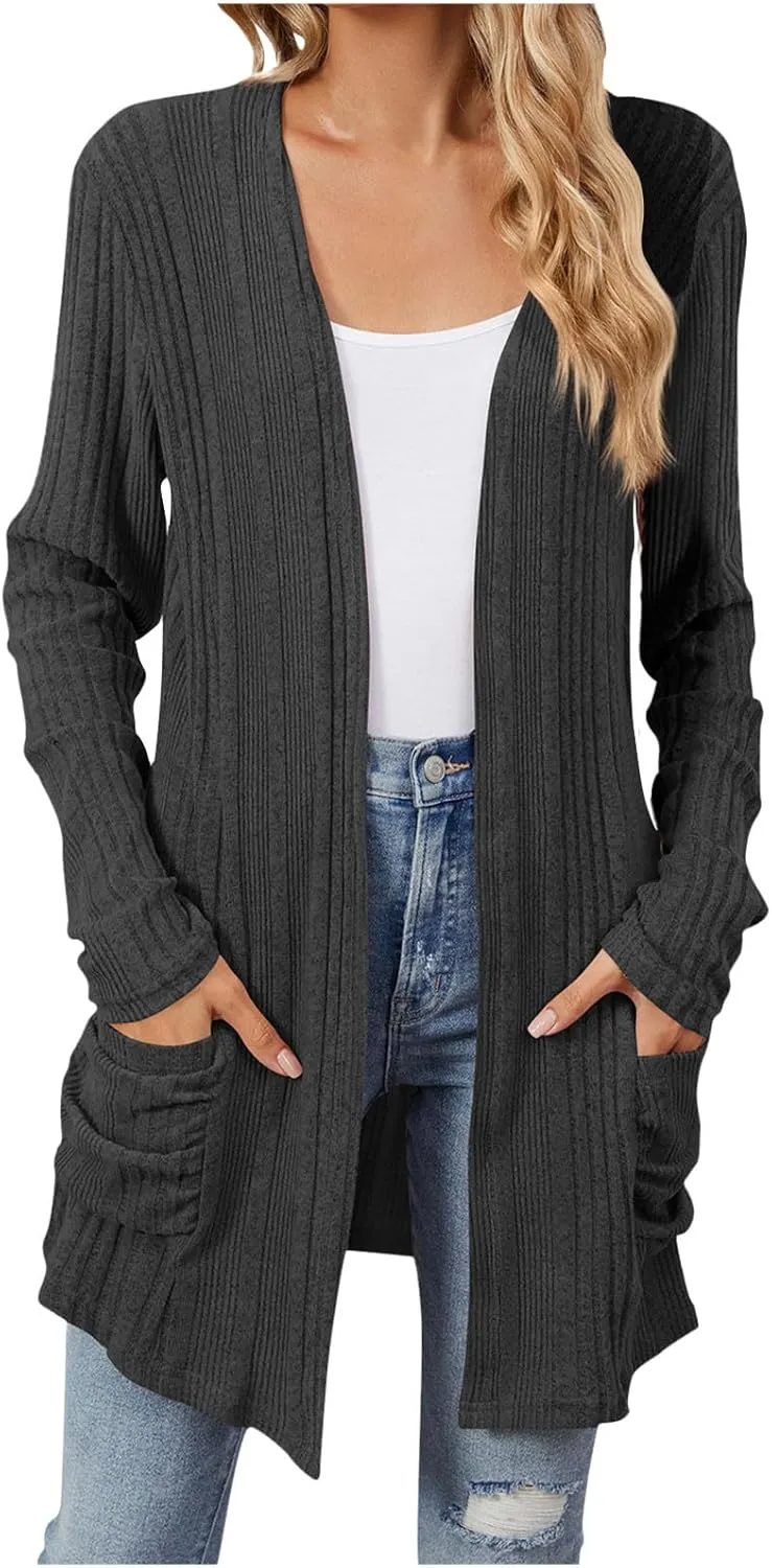 Womens Fall Fashion 2024 Cardigan Sweaters Open Front Casual Soft Knit Cardigans Long Sleeve Outerwear with Pockets