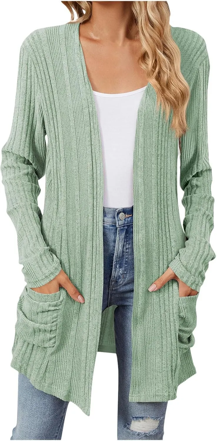 Womens Fall Fashion 2024 Cardigan Sweaters Open Front Casual Soft Knit Cardigans Long Sleeve Outerwear with Pockets