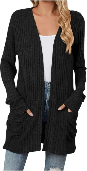 Womens Fall Fashion Cardigan Lightweight Soft Knit Cardigan Sweaters Long Sleeve Open Front Coat with Pockets