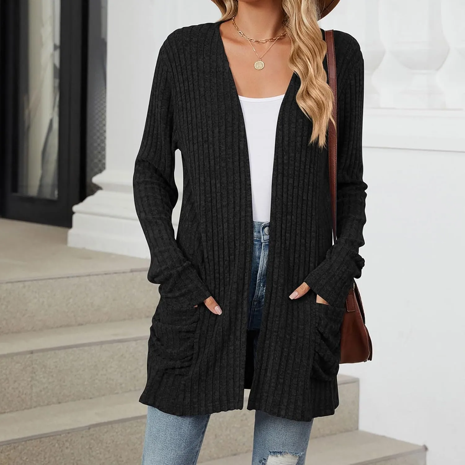 Womens Fall Fashion Cardigan Lightweight Soft Knit Cardigan Sweaters Long Sleeve Open Front Coat with Pockets
