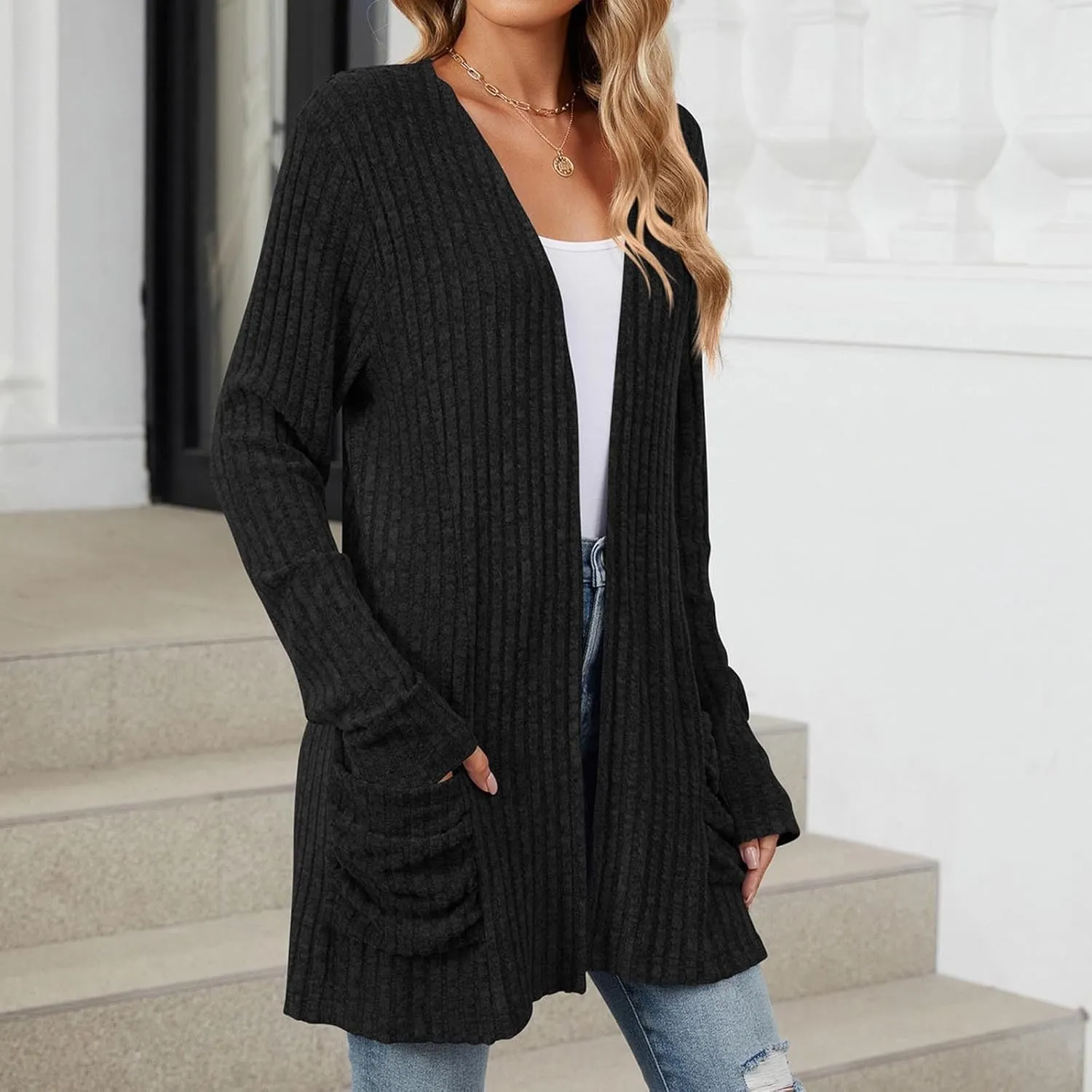 Womens Fall Fashion Cardigan Lightweight Soft Knit Cardigan Sweaters Long Sleeve Open Front Coat with Pockets