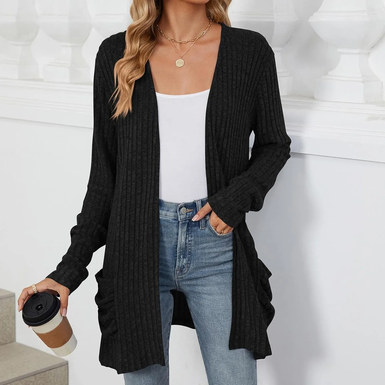 Womens Fall Fashion Cardigan Lightweight Soft Knit Cardigan Sweaters Long Sleeve Open Front Coat with Pockets