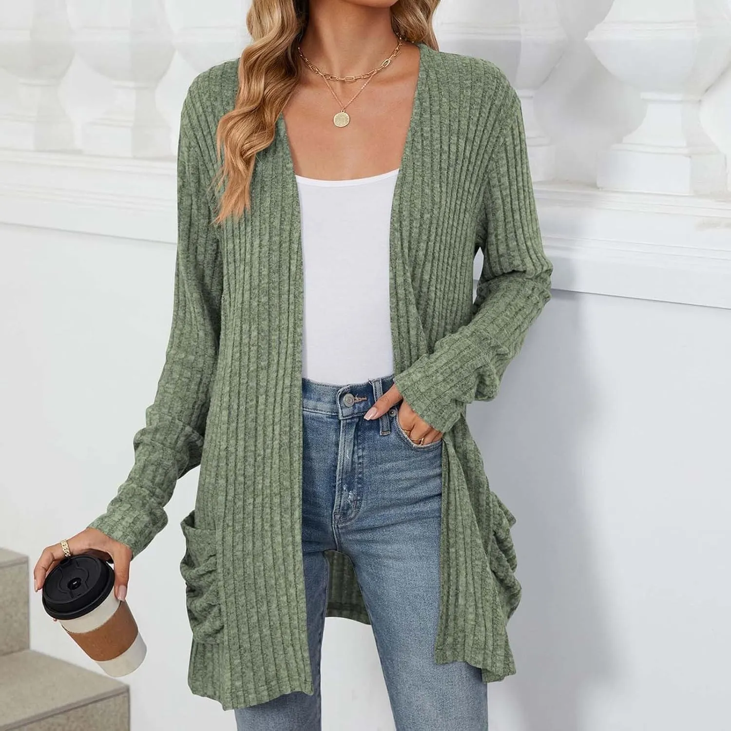 Womens Fall Fashion Cardigan Lightweight Soft Knit Cardigan Sweaters Long Sleeve Open Front Coat with Pockets