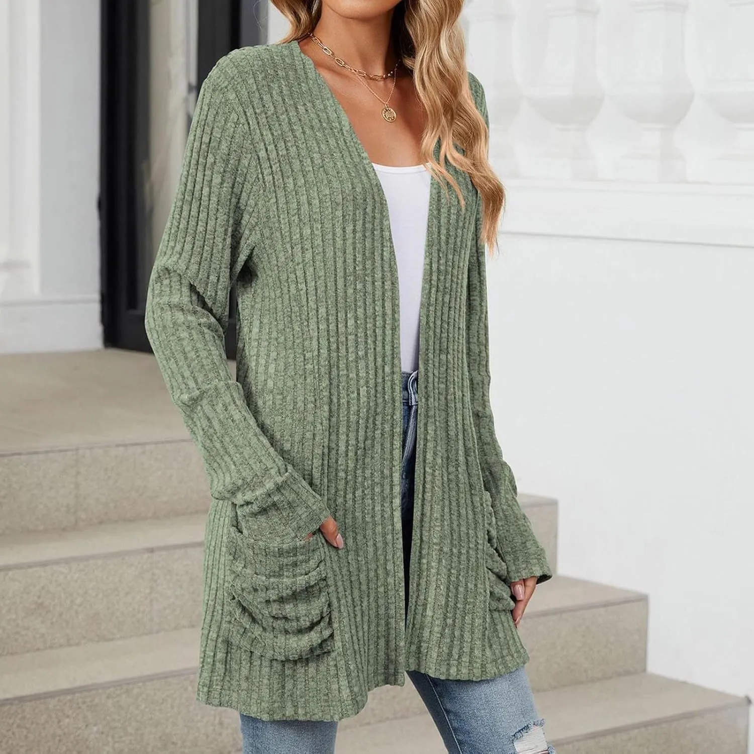 Womens Fall Fashion Cardigan Lightweight Soft Knit Cardigan Sweaters Long Sleeve Open Front Coat with Pockets