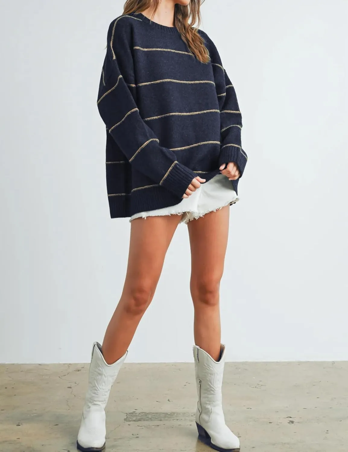 Womens Fall Striped Sweater Lightweight Long Sleeve Cable Soft Knit Oversized Pullover Sweaters Top